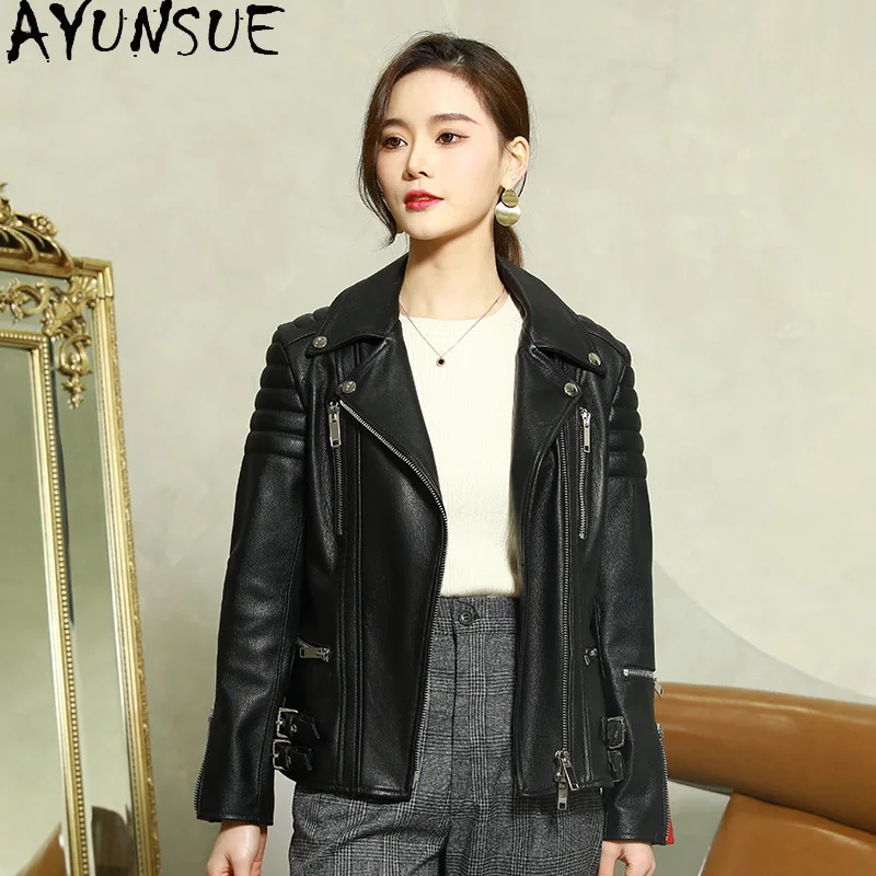 AYUNSUE 100% chaqueta De piel De oveja De piel auténtica para mujer, abrigo negro para motocicleta, ropa De primavera y otoño, chaqueta ajustada De cuero