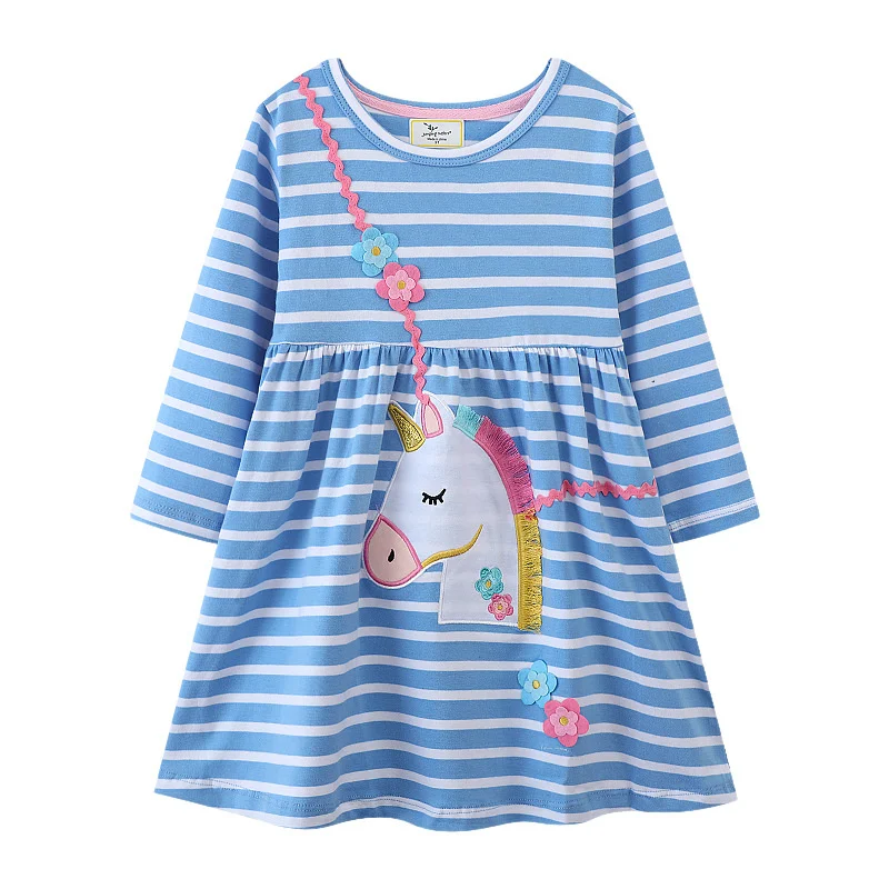 

Jumping Meters Long Sleeve Princess Girls Dresses Unicorn Applique Stripe Baby Clothes Autumn Spring Kids Frocks Costume Dress