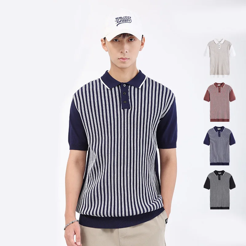 

Summer Men Lapel Fashion Casual Business Ice Silk Stripe Short Sleeve Sweater Knitted Polo Shirts Man T-shirt Tees Tops