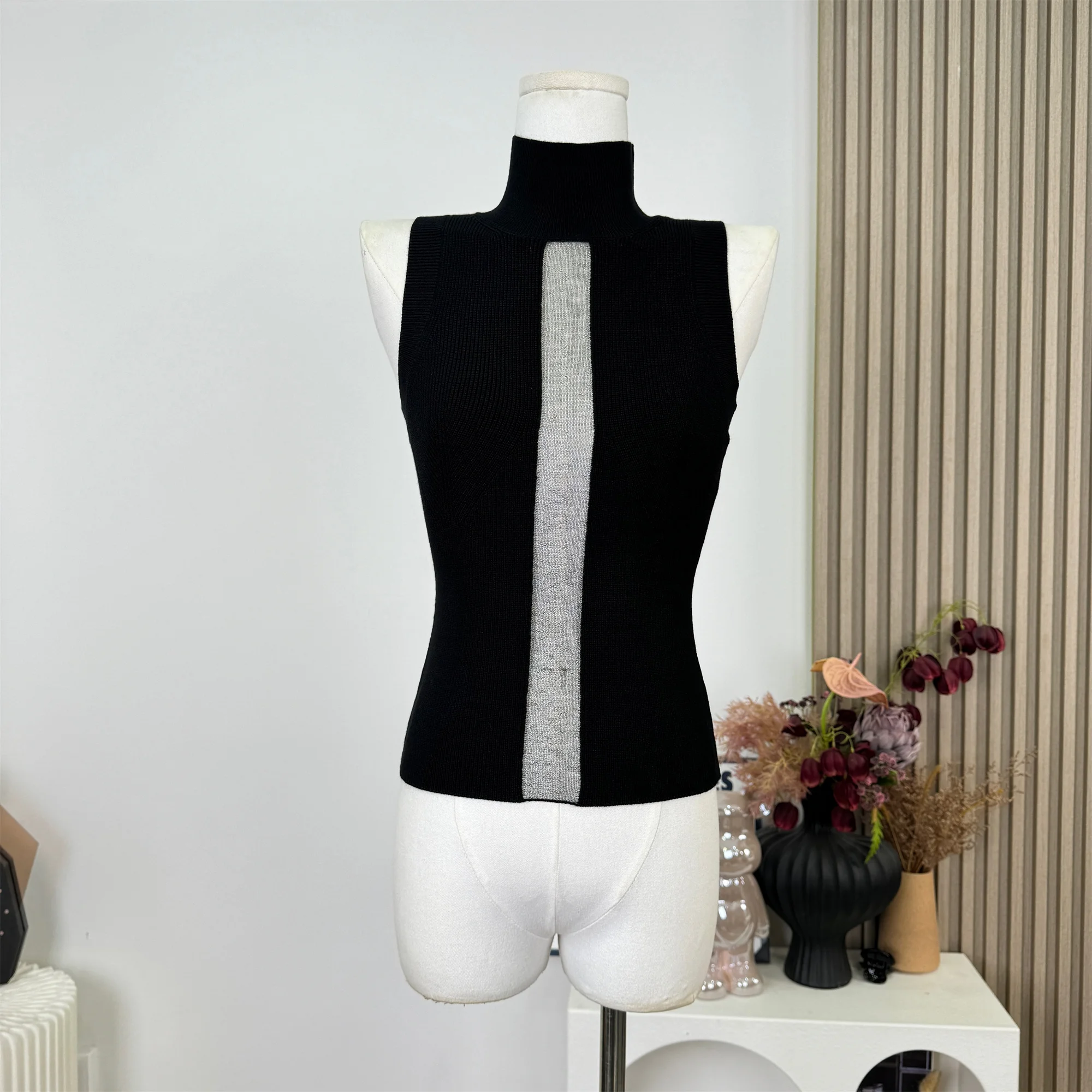 

Women's Sexy Mesh Hollow Out Turtleneck Sleeve Tank Top Lady Summer Solid Color Pullover Sleeveless Slim Knitted Top