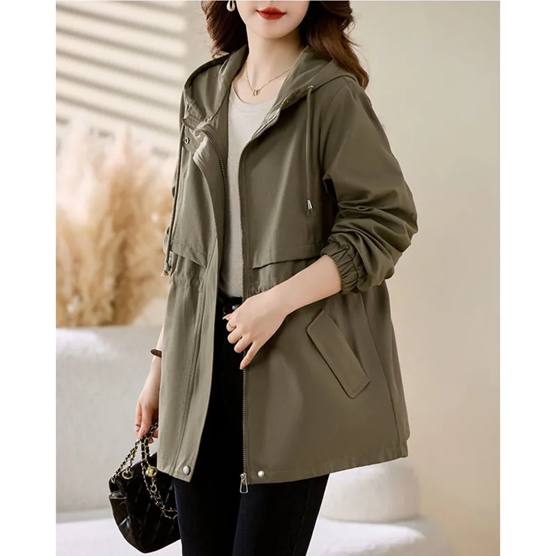 2026 Spring New Women's Windbreaker Autumn product Slim Simple Hooded Jacket Female Fashion Medium length Casual Trench Coats