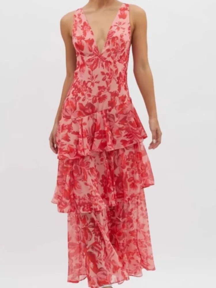 Abiti lunghi eleganti con volant Sexy scollo a V profondo Donna Stampa floreale Boho Beach Vacation Abito da festa casual Nuovi abiti Para Mujer