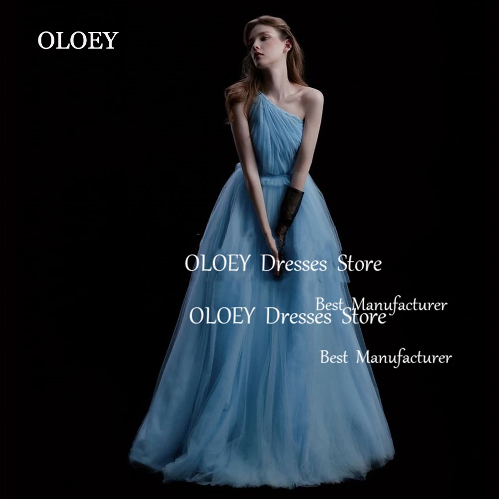 

OLOEY 2025 New Blue Long Prom Dress Korea Wedding Photoshoot One Shoulder A Line Party Dress Sleeveless Pleats Soft Tulle Custom