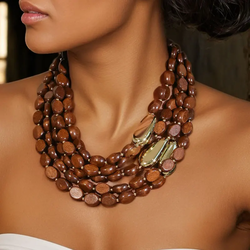 

1Pc New Handmade Multi-layered Wooden Bead Necklace,Maillard Style,Fashionable Retro Necklace For Women,Personalized Jewelry