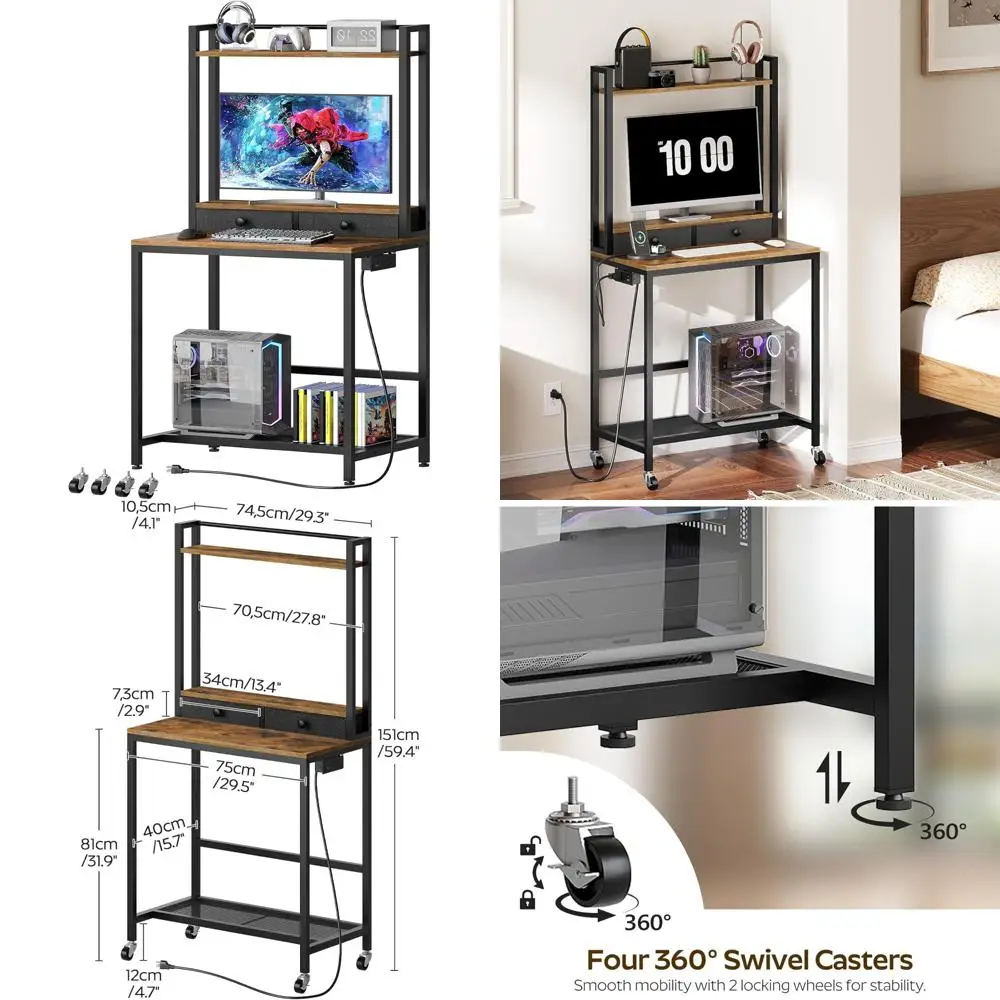 Gaming and Home Office Desk with Monitor Stand, Wheels, Power Outlets, and Storage Hutch for Living Space