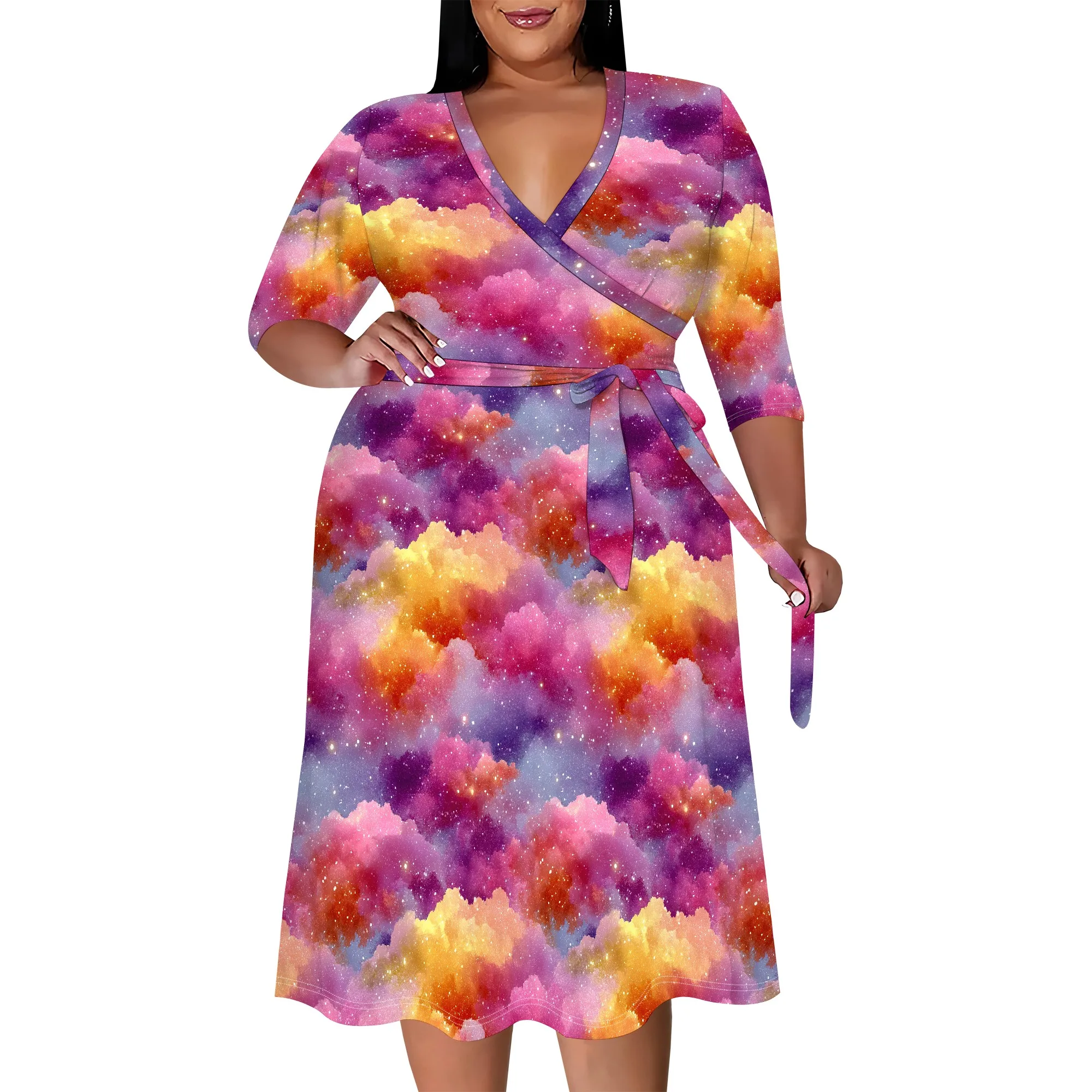 Plus Size Galaxy Cloud Wrap Dress XL-6XL Colorful V-Neck Midi Dress with 3/4 Sleeves for Party, Festival or Holiday Look