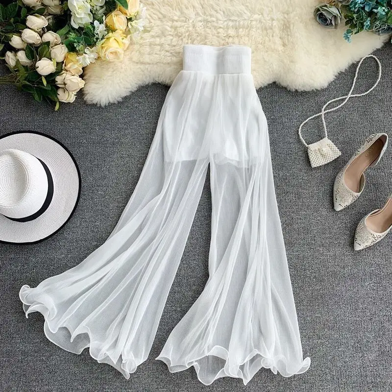 Nieuwe Zomer Casual Broek Vrouwelijke Witte Drape Chiffon Wijde Broek Vrouwen Losse Oversize 4XL Hoge Taille Slanke Broek rok Lady