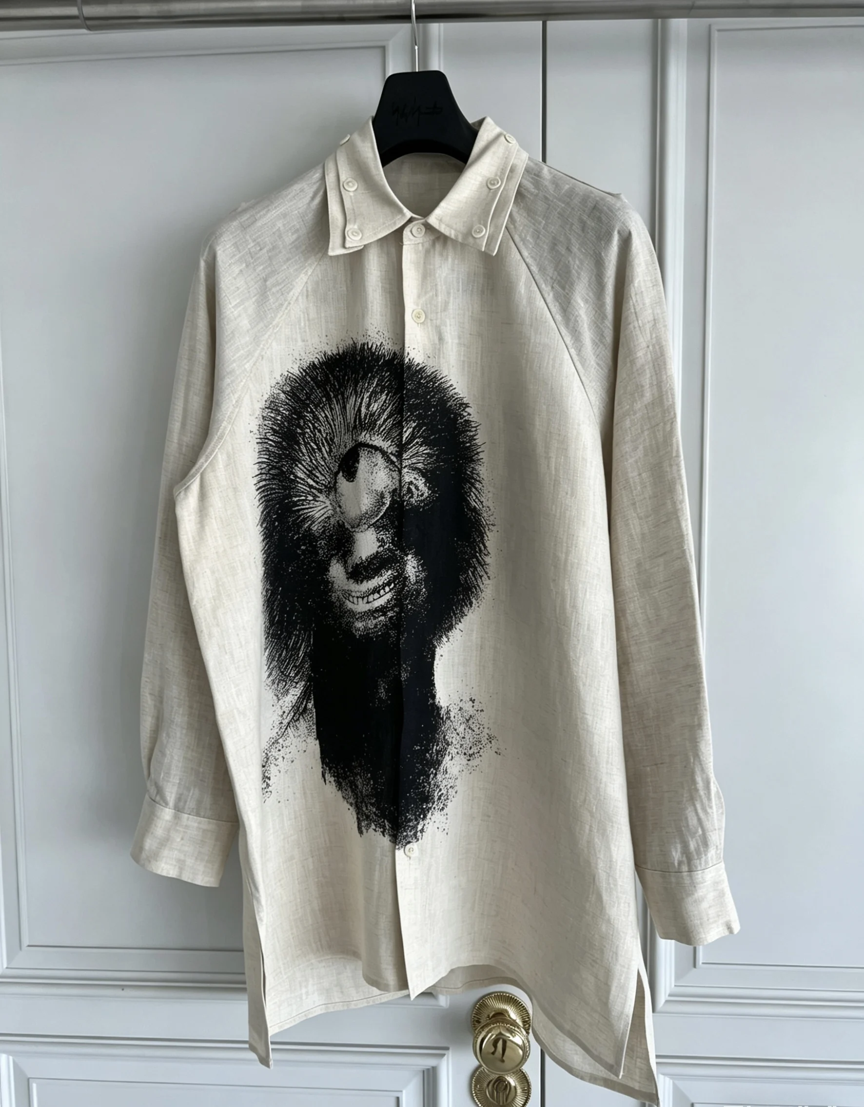 TOP-YAMAMOTO original design collar button design Monster large Print men's linen shirt men's style