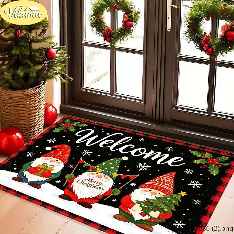 VIKAMA Christmas Entryway Doormat Christmas Elf Non Slip Welcome Rug Front Door Porch Decorative Mat Washable Cozy Home Decor