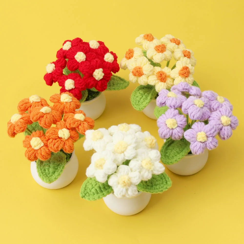 

7-Head Kintted Flower Potted Mini Artificial Flowers Plant Hand Woven Crochet Tulips Flower Finished Potted Home Decor Gift
