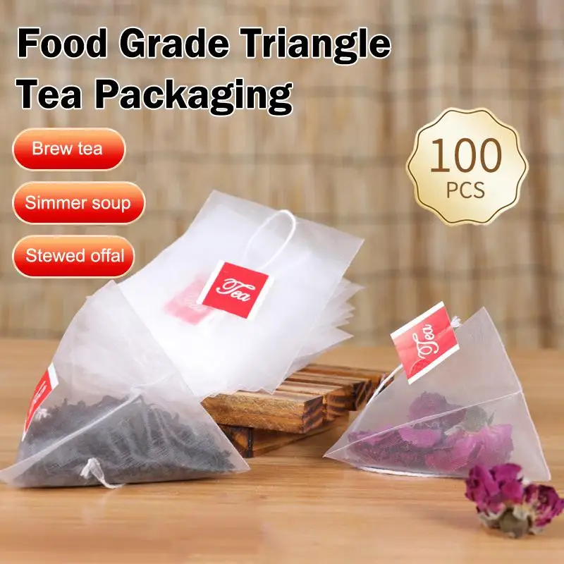 100Pcs Disposable Triangle Tea Bag Nylon Pouch Empty Tea Infuser Spice Coffee Drawstring Bag Seal Food Grade Tea Strainer