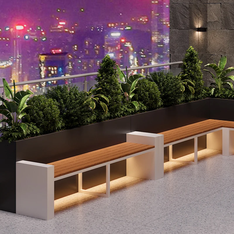

courtyard terrace plastic wood flower box seat street road rest bench balcony beautiful green plant flower box seat