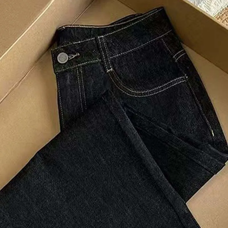 레트로 레오파드 프린트 여성용 청바지 가을 패션 와이드 레그 팬츠 Y2K 걸 하이웨이스트 루즈 스트레이트 팬츠 캐주얼 데님 바지