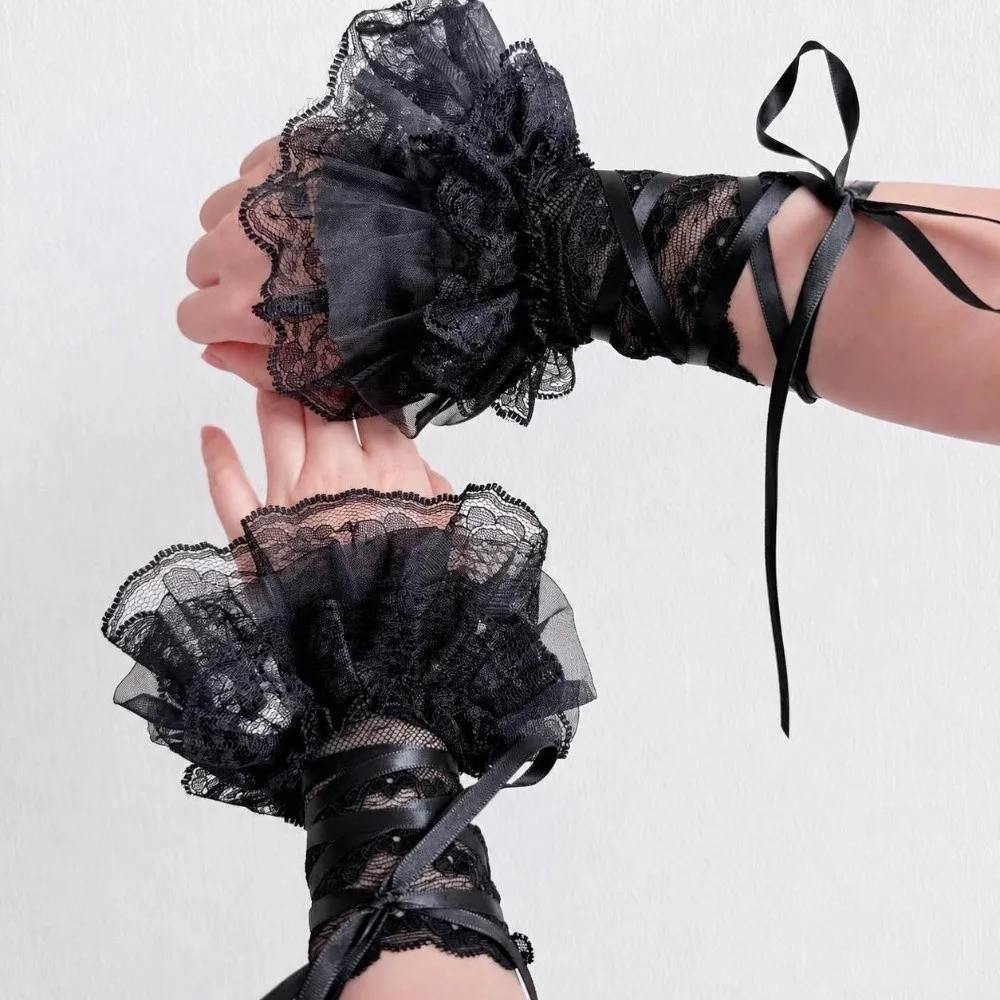 Ruffled Lace Women's Fingerless Gloves Ribbon Tie Elastic Band Lace Arm Sleeves Floral Pattern Lolita Style Wrist Cuffs