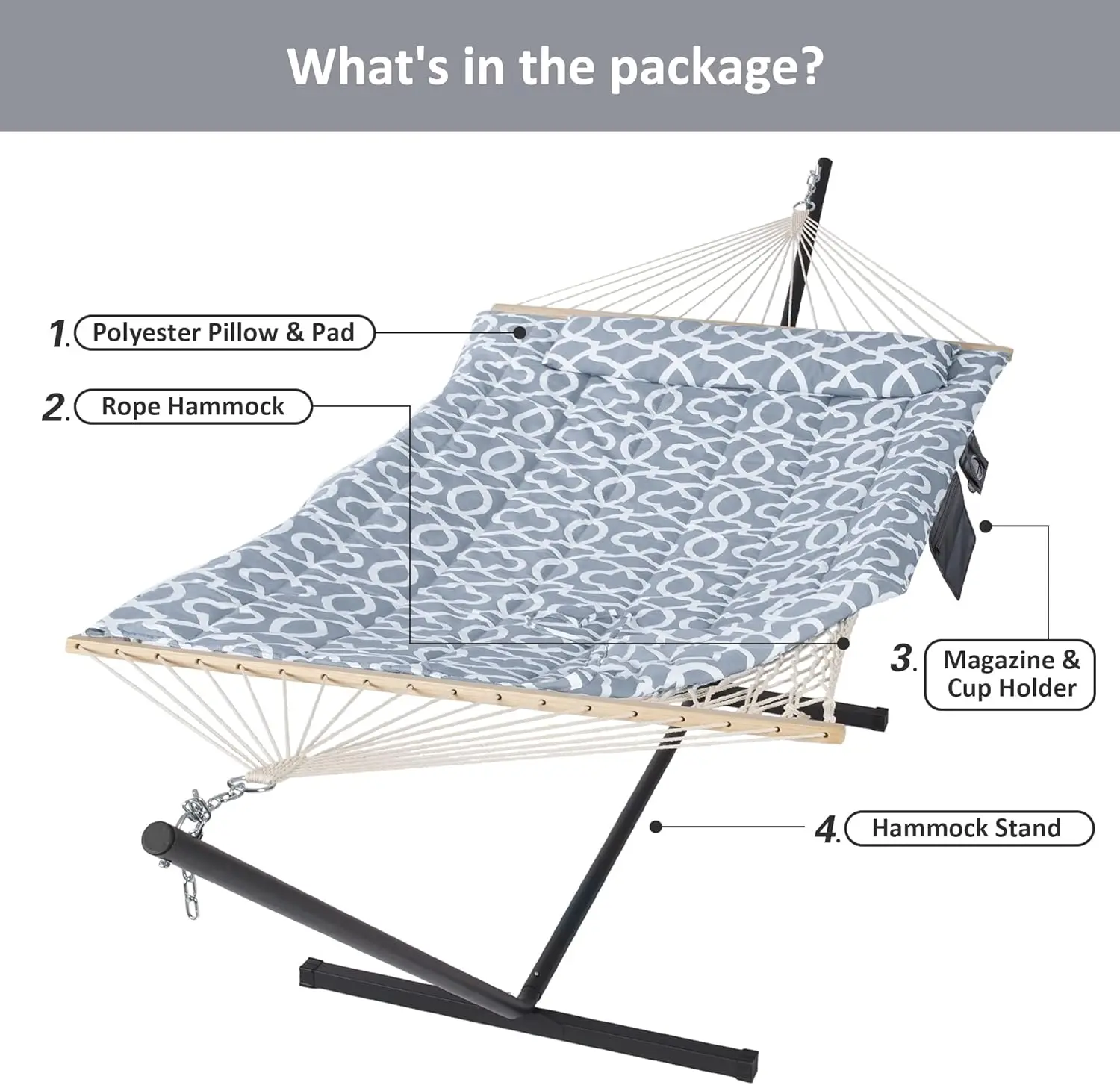 Outdoor Double Hammock with Stand, Two Person Cotton Rope Hammock with Polyester Pad, Circle Pattern