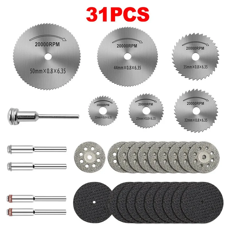 

31 PCS Rotary Tool Cutting Wheel Kit With HSS Saw Blades Diamond Discs For Wood Metal Plastic Glass Tile Stone