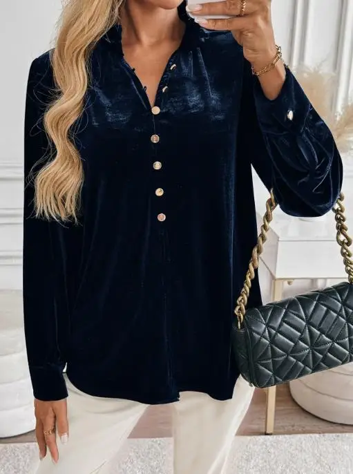 

2025 Autumn and Winter Elegant Velvet V-Neck Shirt Hot Selling Solid Color High-End Shirt for Women