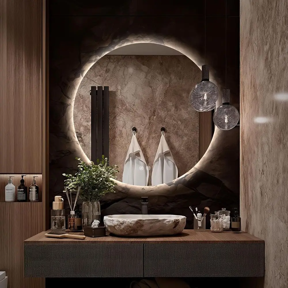 Runder LED-Spiegel für Badezimmer, 24 Zoll runder Spiegel mit Hintergrundbeleuchtung, wandmontierter Kosmetikspiegel, 3 Farben, dimmbar, beschlagfrei, IP65 W