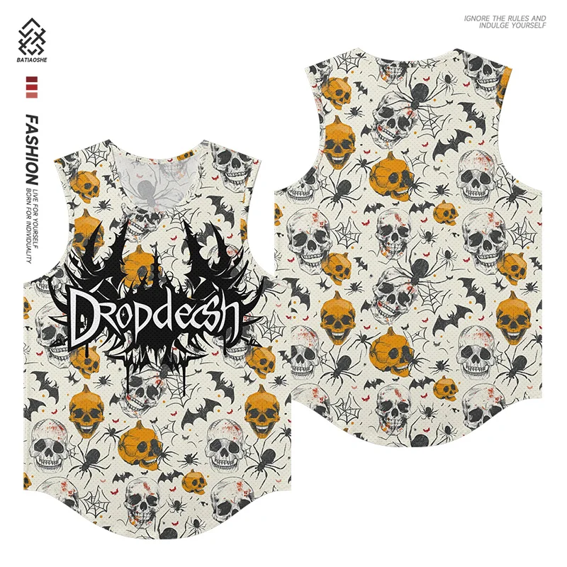 

American Tide Brand Design Sense Strange Wind Skull Floral Print Sleeveless Fashion Bottoming Top Trendy Sports Quick-drying Man