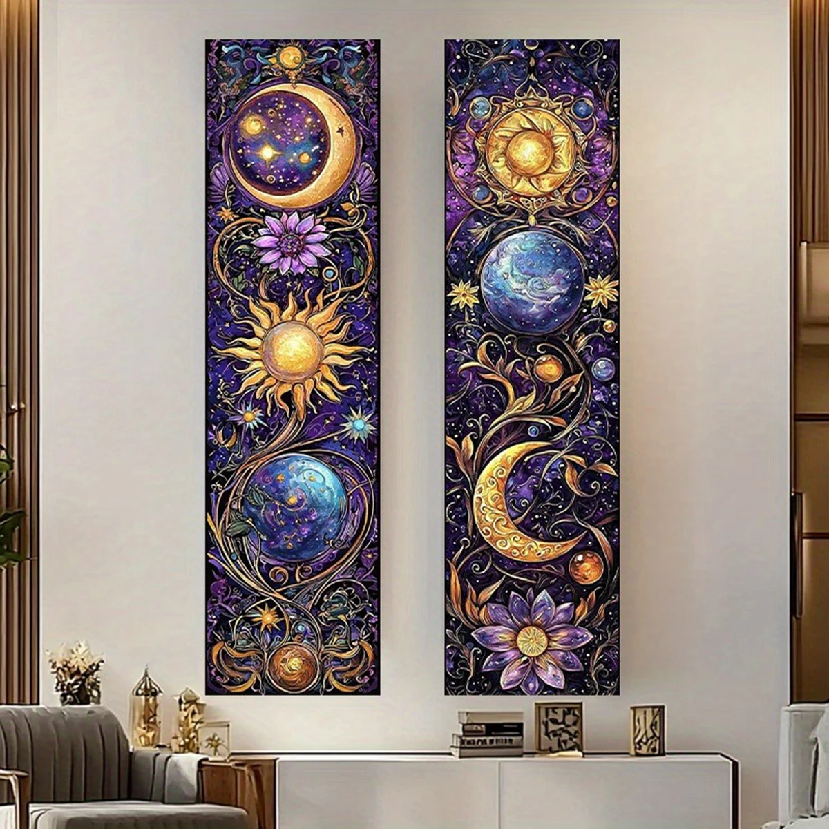 Sun Moon Celestial Print Dreamy Tapestry Wall Hanging with Purple Flowers and Plants Hippie Wall Decoration Bohemian Home Decor
