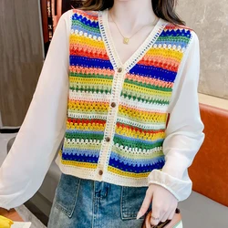 Summer Long Sleeve Crochet Knit Top Rainbow Striped Sheer Open-knit Shirts Woman Blouses Fairycore Cottagecore Outfit