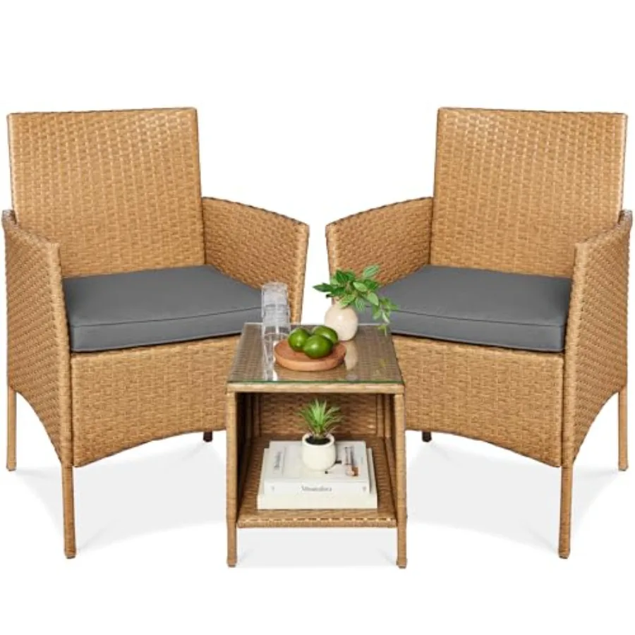 Outdoor wicker bistro set for patio/garden use, natural/gray rattan, space-saving 3-piece conversation set with side table