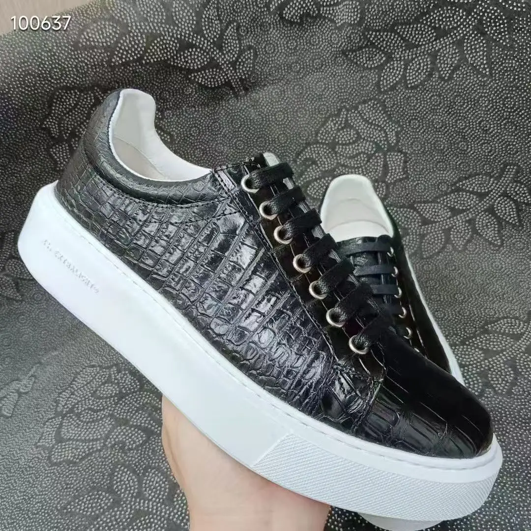 Black&White Color New Genuine Crocodile Skin Men Shoes with Cow Skin Lining Alligator Skin Leisure Sneaker Flat Shoe Thick Sole