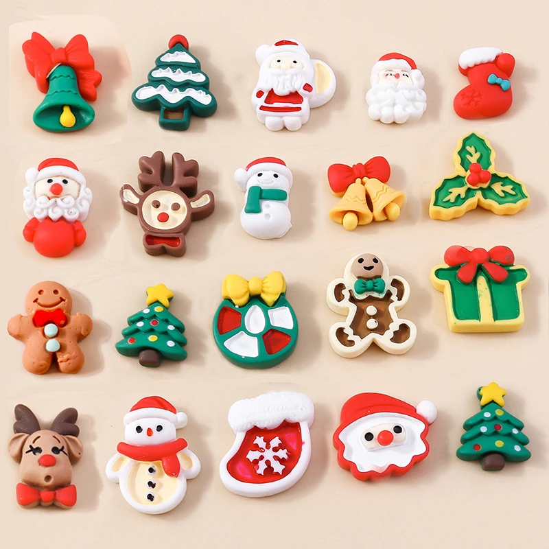 Leslie 10pcs New Resin Christmas Deer Bell Gingerbread Man Snowman Santa Claus Charm Flatback Cabochons for DIY Jewelry Making