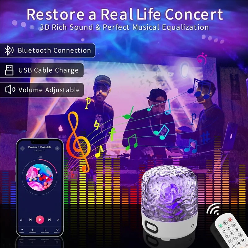 

ABCL Wave Cordless Projector Light With 16Color Effects,Night Lights LED Northern Lights Projector,Built-In Bluetooth Speaker