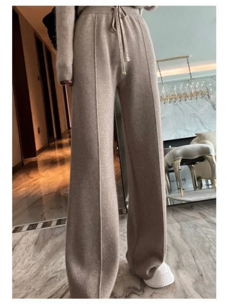 

Women's Wool Wide-Leg Pants Fall/Winter High Waist Drooping Slimming Casual Loose Straight Knit Mop Trousers Outer Wear Z126