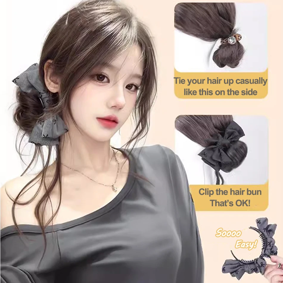Rambut Sintetis Sanggul Ekstensi Rambut dengan Klip Cakar Ikatan Simpul Gaya Abu-abu Potongan Rambut Ekor Kuda Sanggul Keriting Berantakan dengan Kumis Panjang