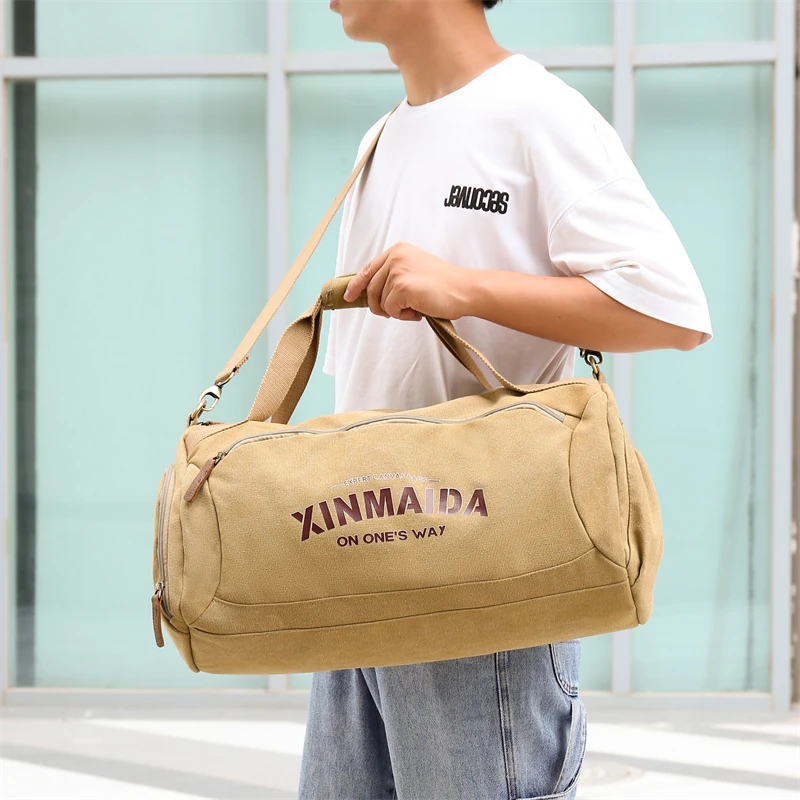 Male Large Capacity Canvas Travel Bags Men Fitness Sports Training Handbag With Shoes Pocket Black Khaki Shoulder Bag