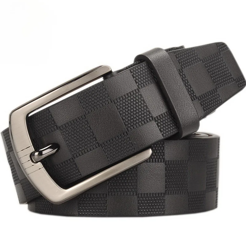 Mens Real Leather Belts Checkerboard Embossed Pin Buckle Genuine Leather Adjustable Wide Belt For Jeans Pants Suits
