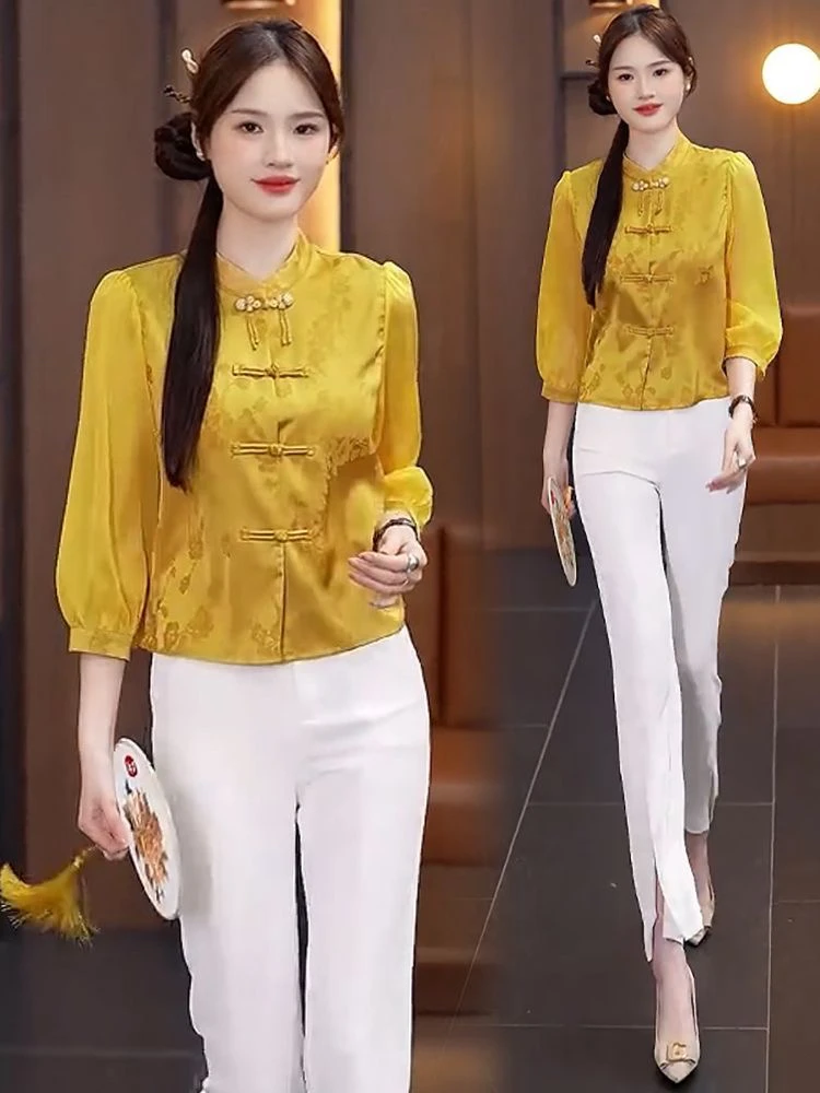 

Новая женская рубашка в китайском стиле, весна 2025, на пуговицах, без рукавов, высококачественный топ в стиле дзен, с рукавом 3/4, верхняя часть ципао