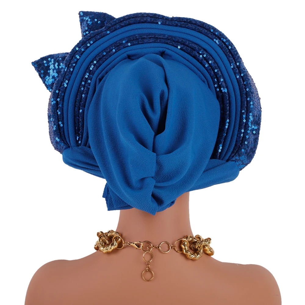 Sweet Bowknot Auto Gele Headtie for Women African Head Wraps Lady Party Headpiece Female Sequins Turban Cap