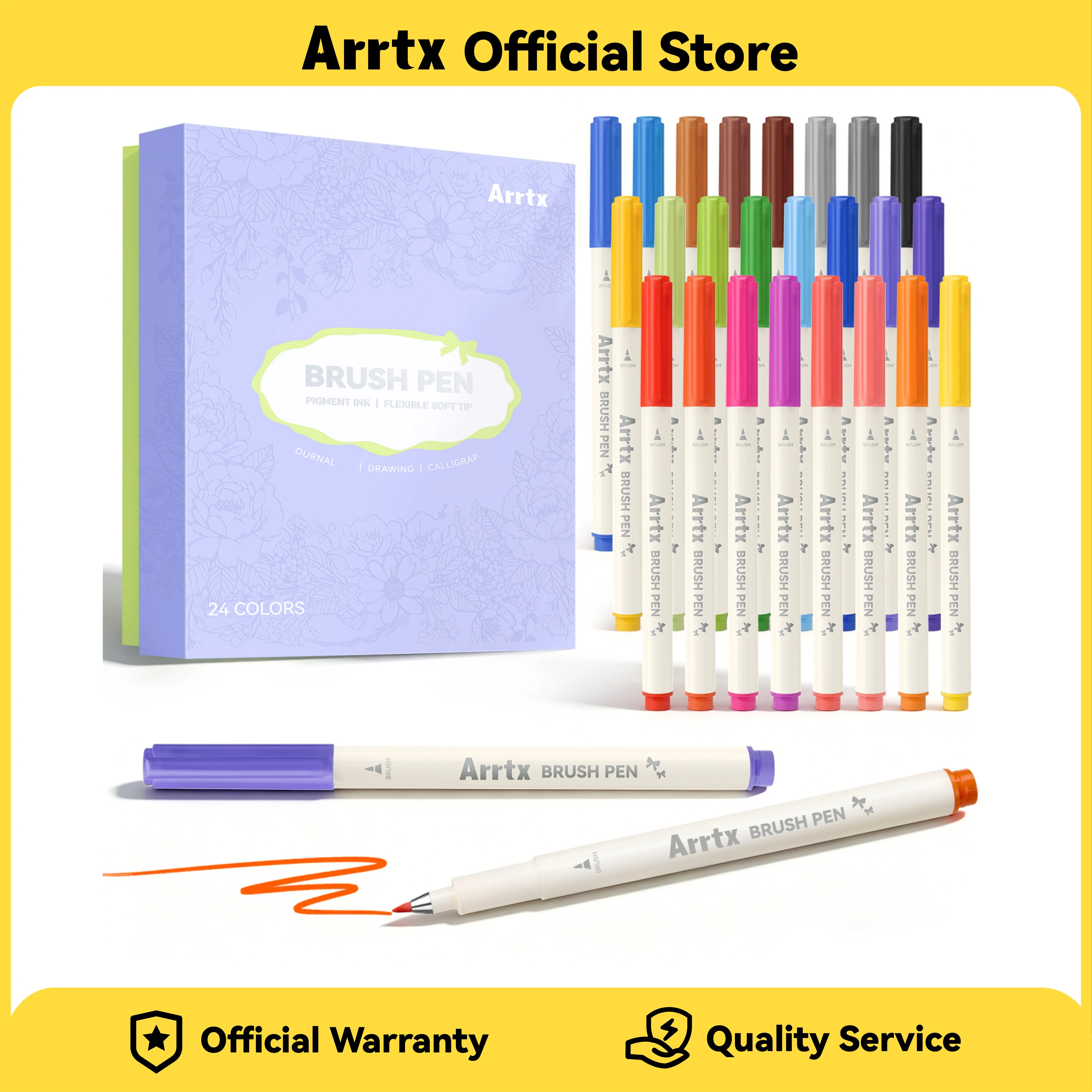 Arrtx Brush Tip Marker Pens, 24 Colors Brush Pens with Flexible Tip, Water Based Assorted Colors for Lettering Journaling