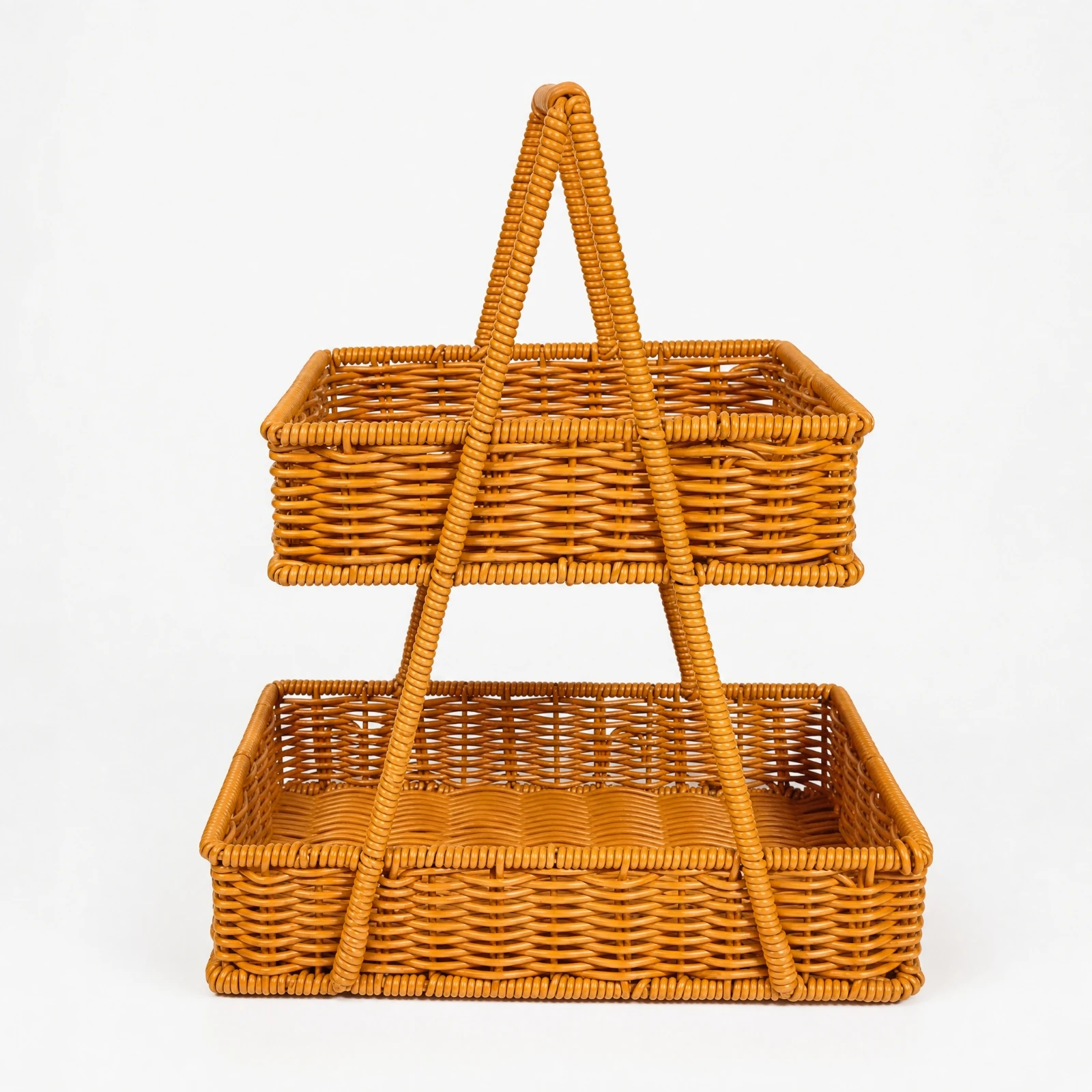 Two-Tier Wicker Serving Basket Compact Handwoven Wicker Two-Tier Basket Woven Tray Stand with Handle Rustic Natural
