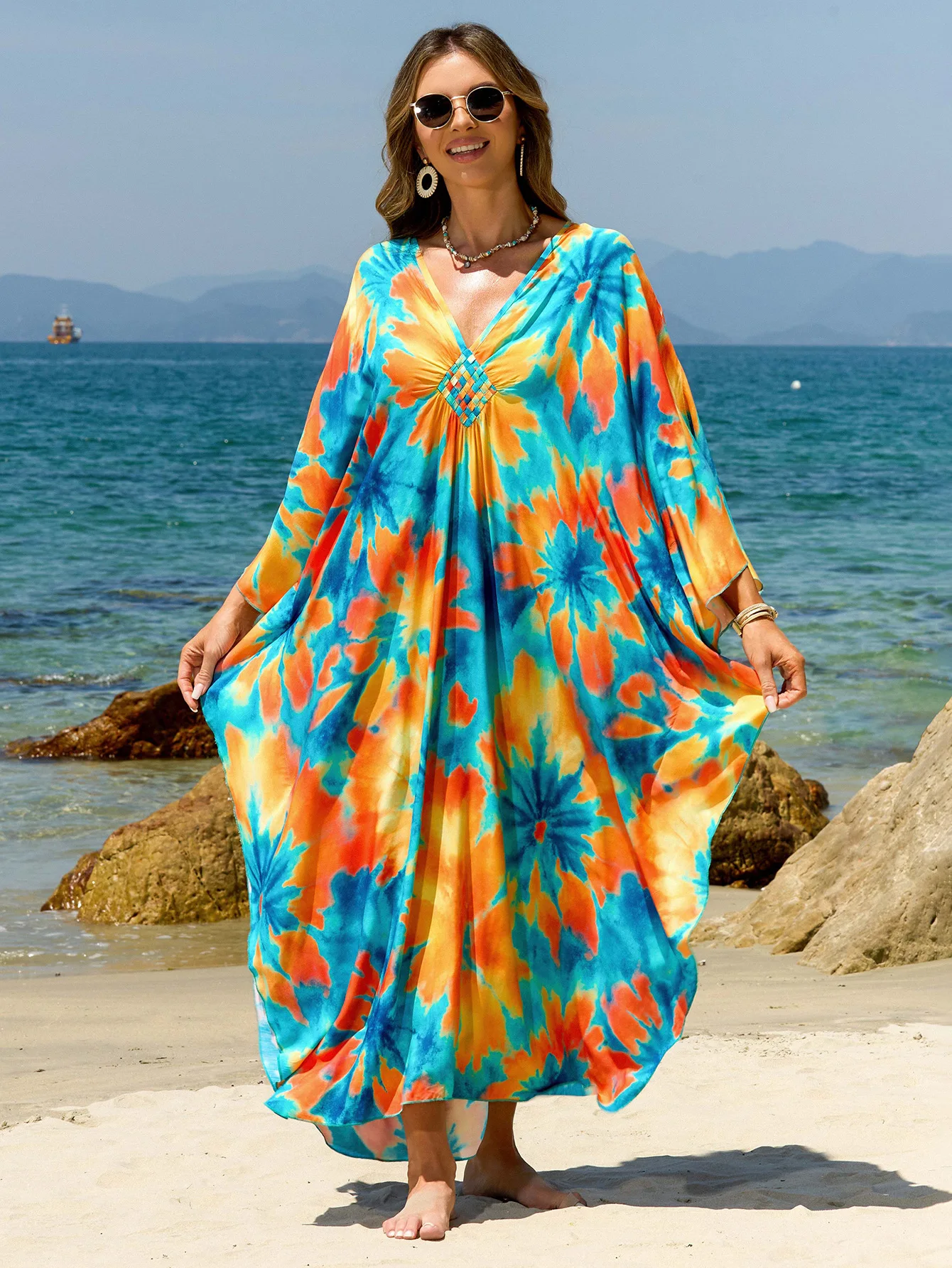 Beach Kaftans for Women Printed Cover Ups for Swimwear Plus Size V Neck Hand Woven Dresses Summer Holiday Outfits Dropshippig