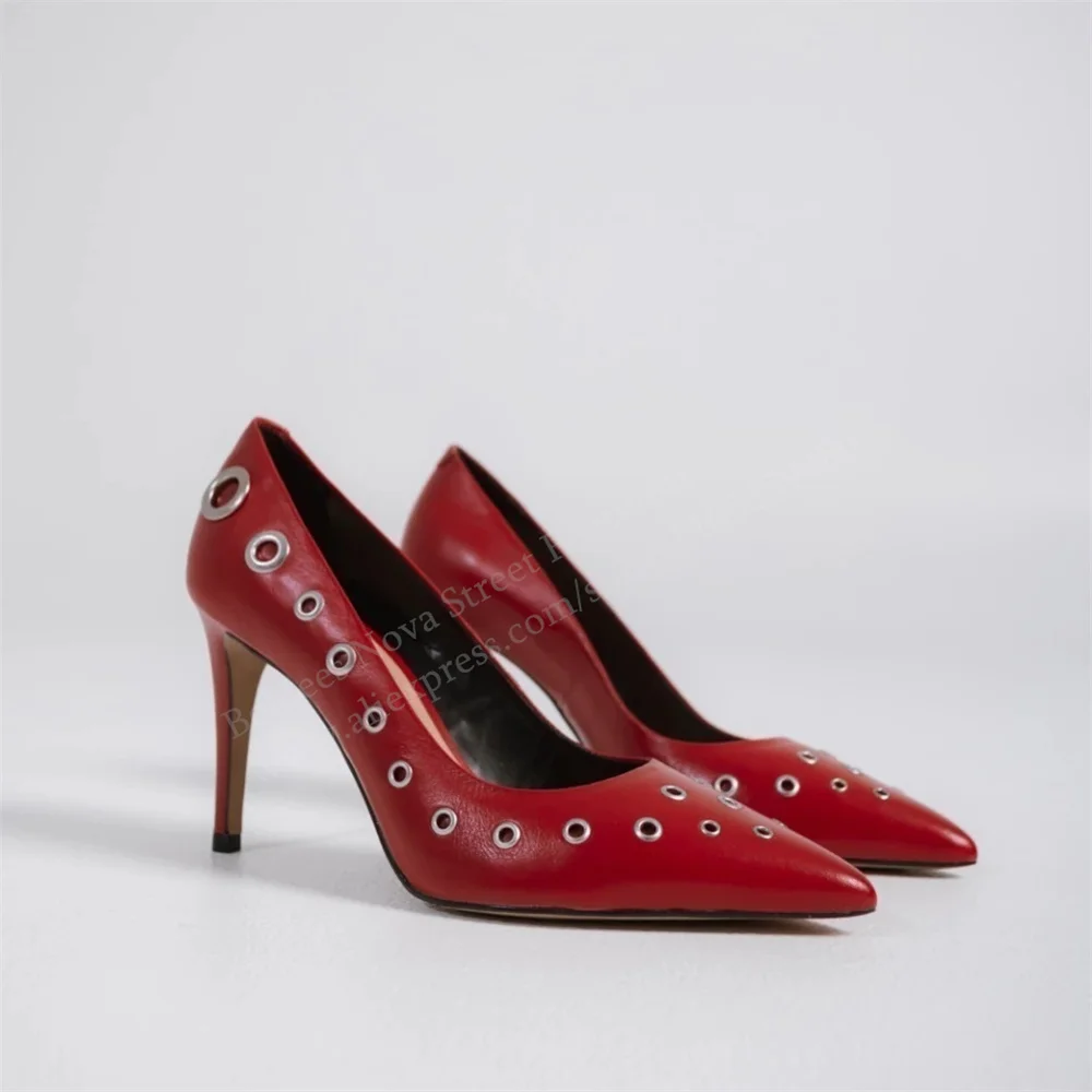 

Red Studded Leather High Heels Women Sexy Summer New Pointed Toe Stiletto Heel Slip On Casual Office Comfortable Black Pumps