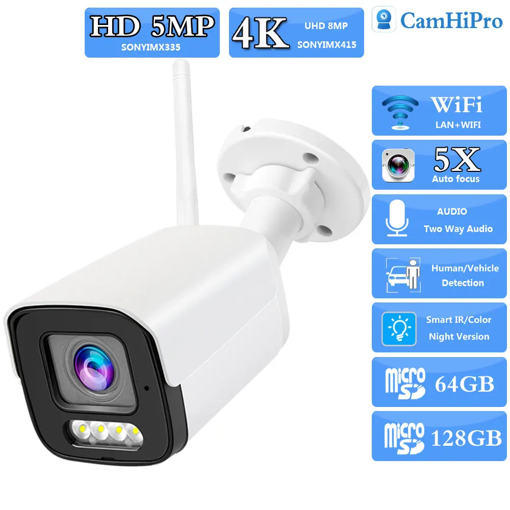 So-ny415 4K 8MP 5MP Wireless Security Bullet IP Camera Wifi 2.7-13.5mm 5X Optical Zoom Two Way Audio IR&Color Night Version