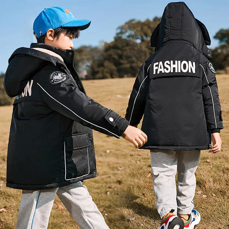 Kids Long Boys Loose Thick White Duck Down Yellow,Blue,Black Baby Coat, Teenagers Hooded Padded Jacket Clothes Winter