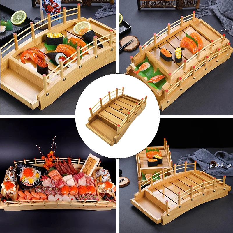 Japanese Bamboo Wooden Sushi Bridge Cuisine Sushi Bridge Boats Sashimi Plate Platter Sushi Arch Bridge Tableware Decor Ornament