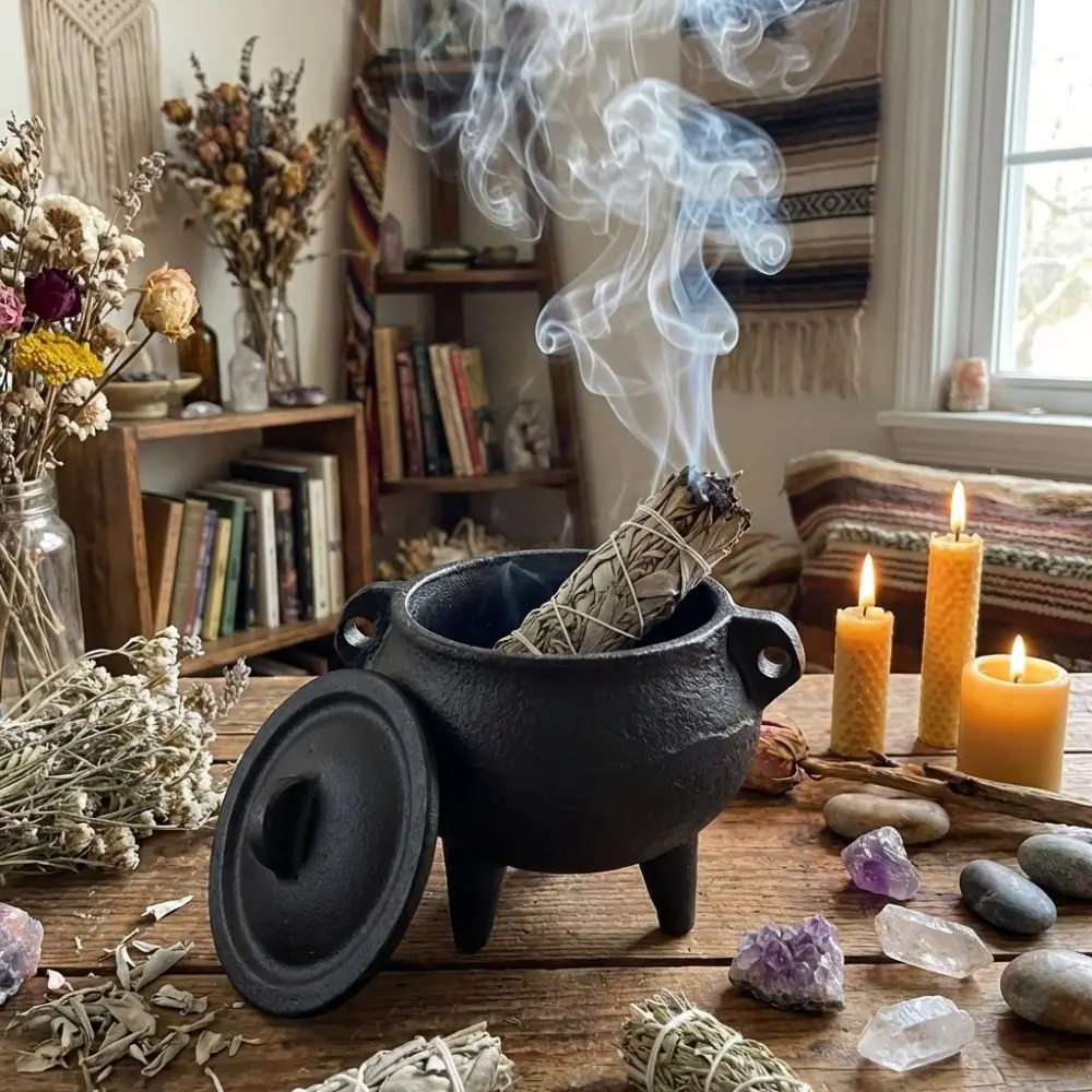 Desktop Decoration Retro Cast Iron Stove Black Decorative Censer Fragrance Bowl Small Stand Three Legs Pot Halloween Decoration