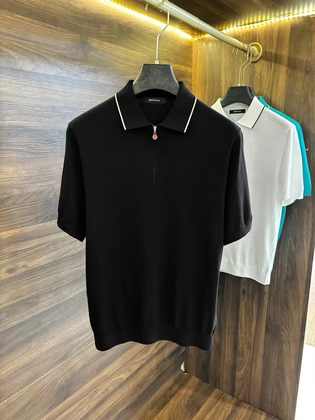 

Kiton Italian European and American light luxury men's spring and summer wool blended half-zipper lapel short-sleeved polo shirt