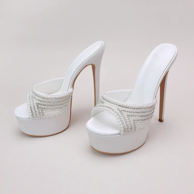 Women's white pearls Wedding sandals sexy platform leather 16cm plus size high heels party dress slippers caystal shoes view 2