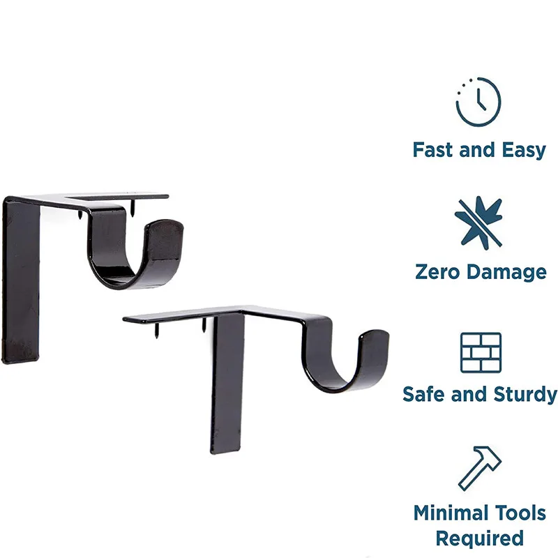 2pcs No Drill Curtain Rod Bracket, Adjustable Metal Heavy Duty Curtain Rod Holders, Screwless Curtain Rods Brackets
