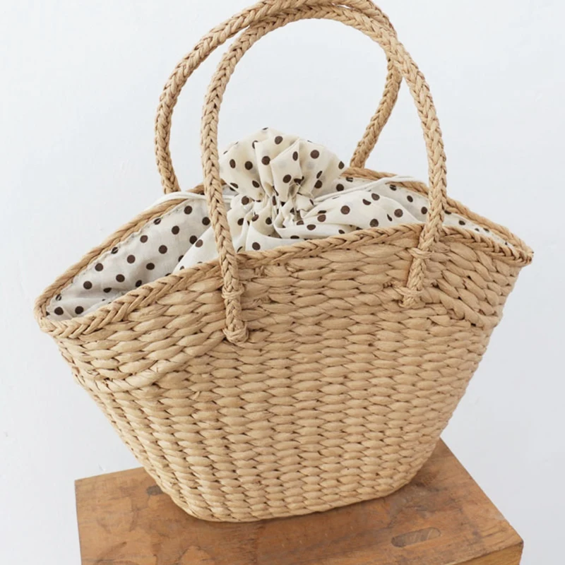 Women's Handbag Wicker Woven Ladies Shoulder Bag Beach Straw Woven Bag Large-Capacity Portable Dot Large Basket Wallet