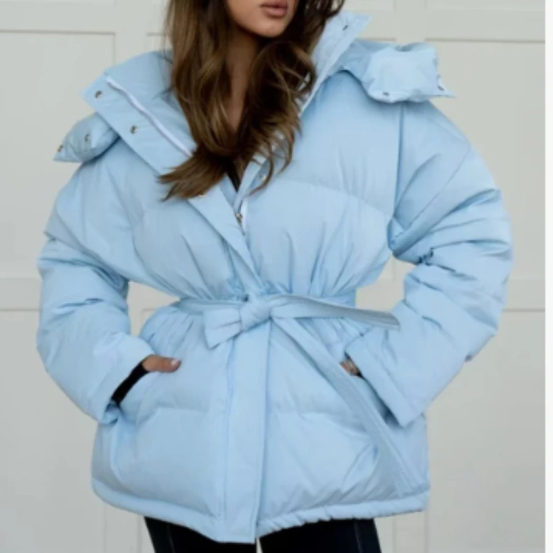 2025 Hooded Cotton Jacket Thickened Autumn/Winter Fashion Jacket Women's Solid Color Belt Warm Coat