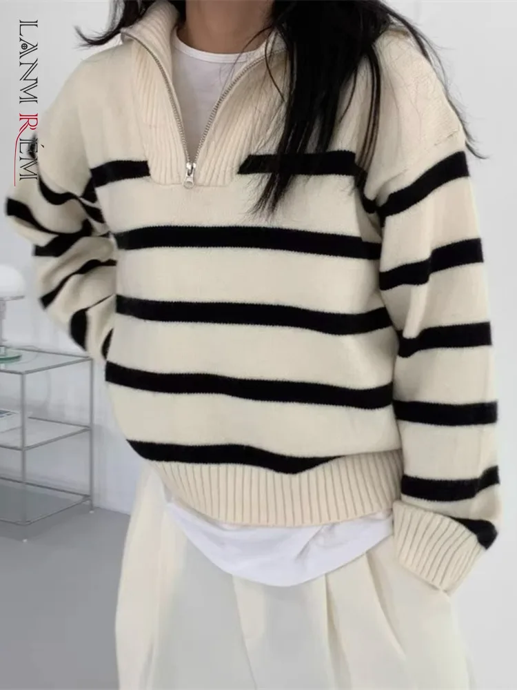 LANMREM Casual Striped Sweater For Women Lapel Long Sleeves Zipper Design Loose Knited Pullover 2024 Autumn New Clothing 2Z2293