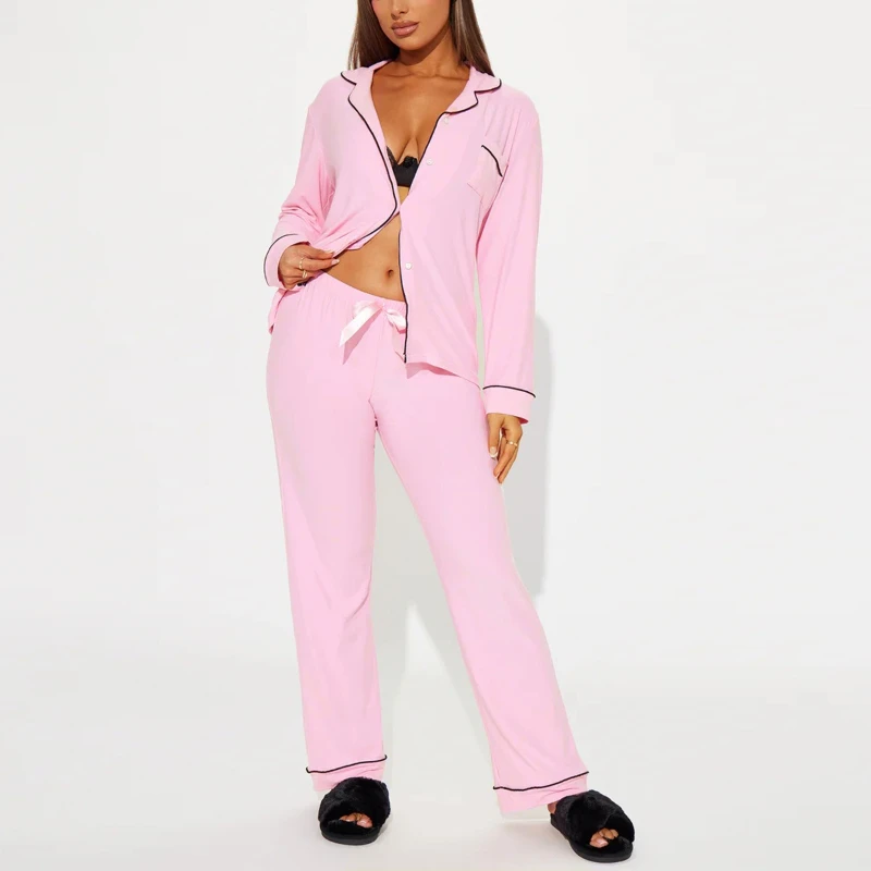 pyjama-a-bandes-pour-femmes-couleur-unie-basique-manches-longues-pantalon-decontracte-vetements-de-detente-ensemble-deux-pieces-nouvelle-collection-automne-et-hiver